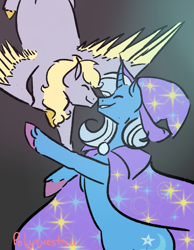 Size: 827x1063 | Tagged: safe, artist:lieutenantcactus, artist:polyquestria, derpibooru import, derpy hooves, trixie, pegasus, pony, unicorn, boop, eyes closed, female, gradient background, lesbian, mare, noseboop, shipping, smiling, tripy