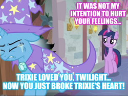 Size: 960x720 | Tagged: safe, derpibooru import, edit, edited screencap, screencap, trixie, twilight sparkle, twilight sparkle (alicorn), alicorn, a horse shoe-in, cropped, crying, female, heartbreak, impact font, lesbian, shipping, text, twixie