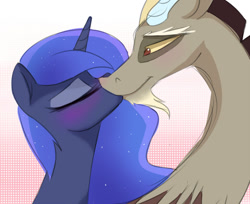 Size: 991x807 | Tagged: safe, artist:elementalokami, discord, princess luna, alicorn, pony, blushing, eyes closed, female, kissing, lunacord, male, shipping, straight