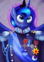 Size: 900x1260 | Tagged: safe, artist:slamjam, princess luna, alicorn, pony, bust, clothes, medals, portrait, solo, uniform