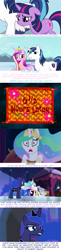 Size: 640x2621 | Tagged: safe, edit, edited screencap, screencap, princess cadance, princess celestia, princess luna, shining armor, twilight sparkle, alicorn, pony, unicorn, the crystal empire, alternate ending, bad end, imitation krabs, psyga's alternate pony scenes, spongebob squarepants, spongebob time card