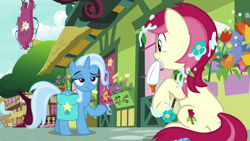 Size: 1280x720 | Tagged: safe, derpibooru import, screencap, roseluck, trixie, earth pony, pony, unicorn, student counsel, cute, cutie mark, duo, female, flower, flower in hair, glue, lidded eyes, mare, messy, ponyville, raised eyebrow, raised hoof, saddle bag, shrug