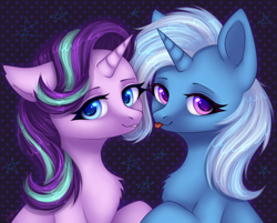 Size: 2246x1810 | Tagged: safe, artist:avrameow, derpibooru import, starlight glimmer, trixie, pony, unicorn, :p, chest fluff, duo, female, floppy ears, heart eyes, lidded eyes, looking at you, mare, smiling, tongue out, wingding eyes