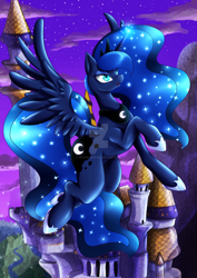 Size: 1600x2263 | Tagged: safe, artist:felune-bun, princess luna, alicorn, pony, canterlot, flying, magic, solo, stars, watermark