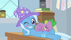 Size: 1280x720 | Tagged: safe, artist:kasarin-desu, derpibooru import, edit, edited screencap, screencap, spike, trixie, dragon, a horse shoe-in, blush sticker, blushing, female, male, one eye closed, shipping, spikelove, spixie, straight, vector, wink