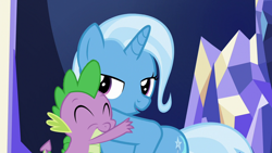 Size: 1280x720 | Tagged: safe, derpibooru import, edit, editor:undeadponysoldier, spike, trixie, dragon, all bottled up, female, male, shipping, spikelove, spixie, straight