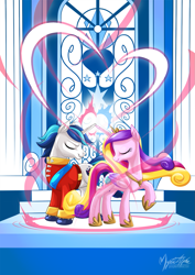 Size: 955x1351 | Tagged: safe, artist:mysticalpha, princess cadance, shining armor, alicorn, pony, unicorn, eyes closed, female, horns are touching, magic, male, raised hoof, scene interpretation, shiningcadance, shipping, straight