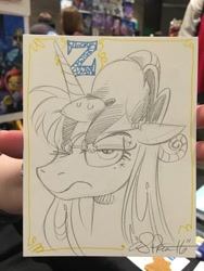 Size: 768x1024 | Tagged: safe, artist:andypriceart, princess luna, tiberius, alicorn, pony, luna is not amused, sleeping, traditional art, unamused, z