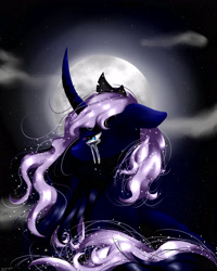 Size: 4000x5000 | Tagged: safe, artist:hanashyma, princess luna, alicorn, pony, crying, curved horn, floppy ears, moon, solo