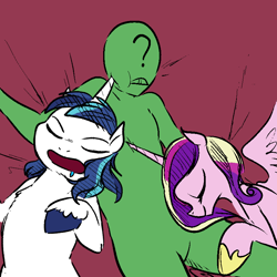 Size: 800x800 | Tagged: safe, artist:glacierclear, princess cadance, shining armor, oc, oc:anon, human, pony, colored, cuddling, drool, featureless crotch, horn poke, human on pony snuggling, open mouth, sleeping, snuggling