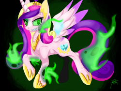 Size: 680x512 | Tagged: safe, artist:galladexd, princess cadance, queen chrysalis, alicorn, changeling, changeling queen, pony, disguise, disguised changeling, fake cadance, fangs, female, grin, solo