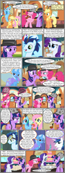 Size: 600x1592 | Tagged: safe, artist:dragontrainer13, artist:newbiespud, derpibooru import, edit, edited screencap, screencap, applejack, fluttershy, pinkie pie, rainbow dash, rarity, shining armor, trixie, twilight sparkle, unicorn twilight, earth pony, pegasus, pony, unicorn, collaboration, comic:friendship is dragons, bags under eyes, bubble pipe, cake, cloak, clothes, comic, d:, dialogue, eyes closed, female, flying, food, freckles, frown, glowing horn, grin, hat, horn, looking up, magic, male, mane six, mare, open mouth, raised hoof, screencap comic, smiling, stallion, suspicious, telekinesis, unamused, wide eyes