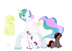 Size: 1024x724 | Tagged: safe, artist:stagetechyart, prince blueblood, princess celestia, shining armor, oc, oc:mana fall, alicorn, pony, unicorn, alternate hairstyle, colt, colt shining armor, crying, crying armor, exploitable meme, magic, male, meme, momlestia, necklace, ocular gushers, paint, pearl, simple background, transparent background, whining armor, younger