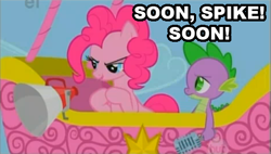 Size: 471x268 | Tagged: safe, pinkie pie, spike, dragon, earth pony, pony, female, image macro, male, mare, soon