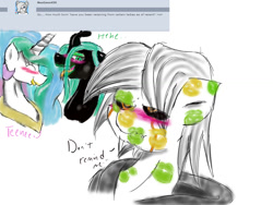 Size: 1024x768 | Tagged: safe, artist:digitaldomain123, princess celestia, queen chrysalis, oc, oc:digital, alicorn, changeling, changeling queen, pony, ask digital, canon x oc, digital art, kiss mark, lipstick, traditional art, watercolor painting