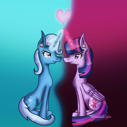 Size: 768x768 | Tagged: safe, artist:commandereclipse, derpibooru import, trixie, twilight sparkle, twilight sparkle (alicorn), alicorn, pony, unicorn, eye contact, female, lesbian, looking at each other, mare, shipping, sitting, twixie