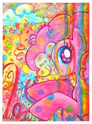 Size: 1616x2177 | Tagged: dead source, safe, artist:elvenjunko, pinkie pie, earth pony, pony, cloud, psychedelic, rainbow, smiling, solo, surreal, traditional art