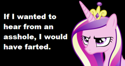 Size: 470x249 | Tagged: safe, princess cadance, alicorn, pony, black background, bust, grumpy, image macro, lidded eyes, meme, portrait, reaction image, simple background, solo, text, unamused, vulgar