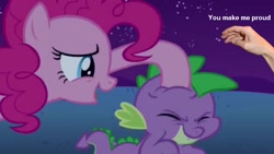 Size: 960x541 | Tagged: safe, edit, edited screencap, screencap, pinkie pie, spike, dragon, earth pony, pony, eyes closed, female, hand, male, mare, noogie