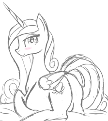 Size: 693x778 | Tagged: safe, artist:patch, princess cadance, alicorn, pony, belly, blushing, looking at you, looking back, monochrome, plot, pregnant, prone, sketch, smiling, solo