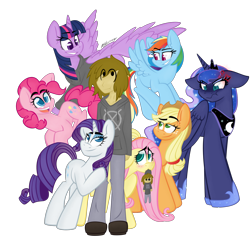 Size: 2000x2000 | Tagged: safe, artist:hoodwinkedtales, applejack, fluttershy, pinkie pie, princess luna, rainbow dash, rarity, twilight sparkle, twilight sparkle (alicorn), oc, oc:ryan burbank, alicorn, human, pony, fanfic:blank, clothes, fanfic art, female, floppy ears, hoodie, jealous, jeans, mare, pants, plushie, scrunchy face, simple background, white background