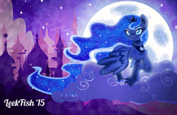 Size: 1024x663 | Tagged: safe, artist:abbystarling, princess luna, alicorn, pony, canterlot, cloud, moon, night