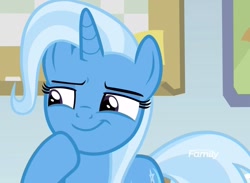 Size: 1477x1080 | Tagged: safe, derpibooru import, screencap, trixie, pony, unicorn, a horse shoe-in, cute, diatrixes, discovery family logo, female, mare, smug, solo