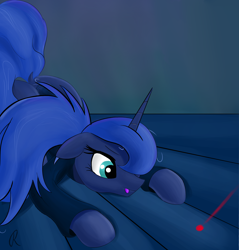 Size: 1910x2000 | Tagged: safe, artist:twiren, edit, editor:linos, princess luna, alicorn, pony, behaving like a cat, clothes, cute, dock, hunting, laser, laser pointer, lunabetes, magic, shirt, silly, silly pony, sitting, solo, tongue out