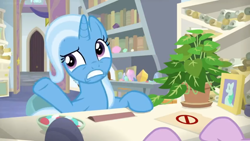 Size: 1600x900 | Tagged: safe, derpibooru import, screencap, phyllis, starlight glimmer, trixie, pony, unicorn, a horse shoe-in, bookshelf, desk, female, folder, hooves, house plant, mare, mints, office, philodendron, picture frame, raised eyebrow, raised hoof, scroll, shelf