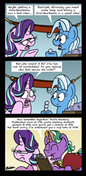 Size: 1308x2655 | Tagged: safe, artist:bobthedalek, derpibooru import, firelight, starlight glimmer, trixie, pony, unicorn, a horse shoe-in, clipboard, dialogue, father and child, father and daughter, fathers gonna father, female, hammock, male, parent and child, pencil, smoke bomb, speech bubble, starlight is not amused, trixie's wagon, unamused