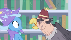 Size: 1588x896 | Tagged: safe, derpibooru import, screencap, gallus, grampa gruff, trixie, griffon, pony, unicorn, a horse shoe-in, breath, cape, clothes, duo, eyes closed, female, hat, male, mare, trixie's cape, trixie's hat, wide eyes, yelling