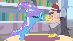 Size: 1594x900 | Tagged: safe, derpibooru import, screencap, grampa gruff, trixie, griffon, pony, unicorn, a horse shoe-in, blind eye, book, bookshelf, breath, cape, clothes, female, hat, lamp, library, mare, trixie's cape, trixie's hat, yelling