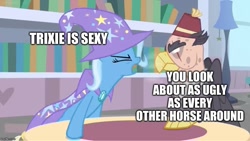 Size: 885x500 | Tagged: safe, derpibooru import, edit, edited screencap, screencap, grampa gruff, trixie, griffon, pony, unicorn, a horse shoe-in, blind eye, book, bookshelf, breath, burned, burnt, cape, caption, clothes, duo, female, hat, image macro, lamp, library, male, mare, meme, text, trixie yells at everything, trixie's cape, trixie's hat, yelling