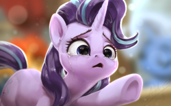Size: 1080x675 | Tagged: safe, artist:assasinmonkey, derpibooru import, starlight glimmer, sunburst, trixie, pony, unicorn, a horse shoe-in, :<, blurry background, crying, cute, digital art, female, frown, glimmerbetes, mare, open mouth, phyllis no!, raised hoof, reaching, reaching out, sad, sadorable, scene interpretation, solo, that was fast, underhoof