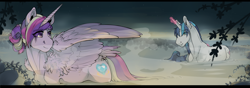 Size: 2500x884 | Tagged: safe, artist:royvdhel-art, princess cadance, shining armor, alicorn, classical unicorn, pony, unicorn, alternate hairstyle, fluffy, hot springs, leonine tail, looking back, magic, smiling, spread wings, steam, tail feathers, telekinesis, water