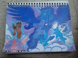 Size: 1024x768 | Tagged: safe, artist:akatsukifukuninja, princess luna, oc, oc:berry gumdrop, oc:cloudkiss sky, oc:mud pie, alicorn, pony