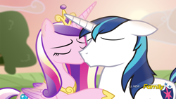 Size: 1920x1080 | Tagged: safe, artist:shutterflyeqd, princess cadance, shining armor, alicorn, pony, unicorn, discovery family logo, fake screencap, female, husband and wife, i can't believe it's not hasbro studios, kissing, male, shiningcadance, shipping, straight