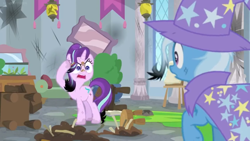 Size: 1600x900 | Tagged: safe, derpibooru import, screencap, starlight glimmer, trixie, pony, a horse shoe-in, banner, broken, burnt, cape, clothes, column, easel, hat, mess, moss, picture frame, potted plant, shattered, singed, stool, trixie's cape, trixie's hat, window