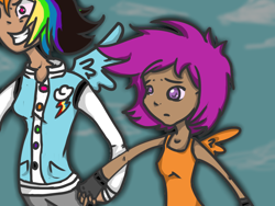 Size: 800x600 | Tagged: safe, artist:arianalovesyou, rainbow dash, scootaloo, humanized, winged humanization