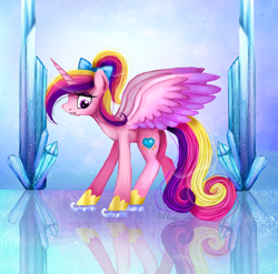 Size: 1000x989 | Tagged: safe, artist:miushich, princess cadance, alicorn, pony, ice skating, nervous, reflection, skates, skating, solo, spread wings, younger