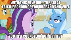 Size: 888x499 | Tagged: safe, derpibooru import, edit, edited screencap, screencap, starlight glimmer, sunburst, trixie, pony, a horse shoe-in, bulletin board, caption, desk, image macro, implied shipping, implied starburst, marriage, office, shipper on deck, starlight's office, text, the great and powerful shipper