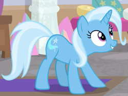 Size: 655x491 | Tagged: safe, derpibooru import, screencap, trixie, pony, a horse shoe-in, cropped, excited, lip bite, smiling, solo, stretchy