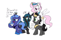 Size: 2156x1393 | Tagged: safe, artist:frikdikulous, king sombra, princess celestia, princess luna, queen chrysalis, alicorn, changeling, changeling queen, pony, unicorn, cewestia, changeling princess, clothes, colored, colt sombra, crown, cute, cutealis, cutelestia, dialogue, filly, filly queen chrysalis, good king sombra, jewelry, lunabetes, peytral, regalia, shoes, simple background, sketch, sombra's cutie mark, sombradorable, tiara, white background, woona