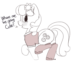 Size: 1280x1077 | Tagged: safe, artist:pabbley, cheerilee, pony, blushing, clothes, dialogue, monochrome, open mouth, shirt, simple background, socks, solo, stockings, thigh highs, walking, white background