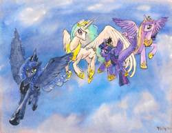 Size: 3300x2550 | Tagged: safe, artist:peichenphilip, princess cadance, princess celestia, princess luna, twilight sparkle, twilight sparkle (alicorn), alicorn, pony, alicorn tetrarchy, female, flying, high res, looking at you, mare, open mouth, smiling, spread wings, traditional art, watercolor painting