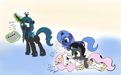 Size: 2503x1562 | Tagged: safe, artist:frikdikulous, king sombra, princess celestia, princess luna, queen chrysalis, alicorn, changeling, changeling queen, pony, unicorn, :t, bellyrubs, cewestia, changeling princess, colored, colt, colt sombra, cookie, crown, cuddling, cup, cute, cutealis, cutelestia, eating, female, filly, filly queen chrysalis, floppy ears, frown, glare, good king sombra, hug, jewelry, levitation, lunabetes, magic, male, on side, open mouth, pillow, prone, puffy cheeks, quartet, regalia, shoes, sketch, smiling, snuggling, sombra's cutie mark, sombradorable, telekinesis, tiara, woona, younger