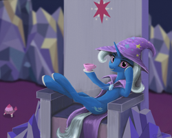 Size: 3000x2395 | Tagged: safe, artist:vladimir-olegovych, derpibooru import, trixie, pony, unicorn, all bottled up, clothes, cup, female, grin, hat, mare, smiling, solo, teacup, teacup poodle, throne, trixie's hat