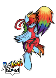 Size: 600x833 | Tagged: safe, artist:ambris, rainbow dash, pegasus, pony, crossover, karate, street fighter