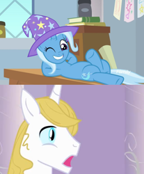 Size: 1024x1236 | Tagged: safe, derpibooru import, edit, edited screencap, screencap, prince blueblood, trixie, pony, a horse shoe-in, bluetrix, discovery family logo, female, male, one eye closed, shipping, shipping domino, straight, wink