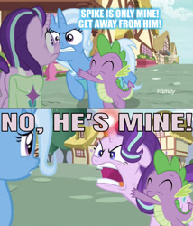 Size: 631x736 | Tagged: safe, derpibooru import, edit, edited screencap, editor:undeadponysoldier, screencap, angel bunny, spike, starlight glimmer, trixie, dragon, pony, unicorn, all bottled up, discovery family logo, female, followup, glowing horn, he's mine, horn, hug, male, mare, polyamory, quiet, saddle bag, shipping, shipping war, sparlight, spike gets all the mares, spikelove, spixie, straight, this will end in a cat fight